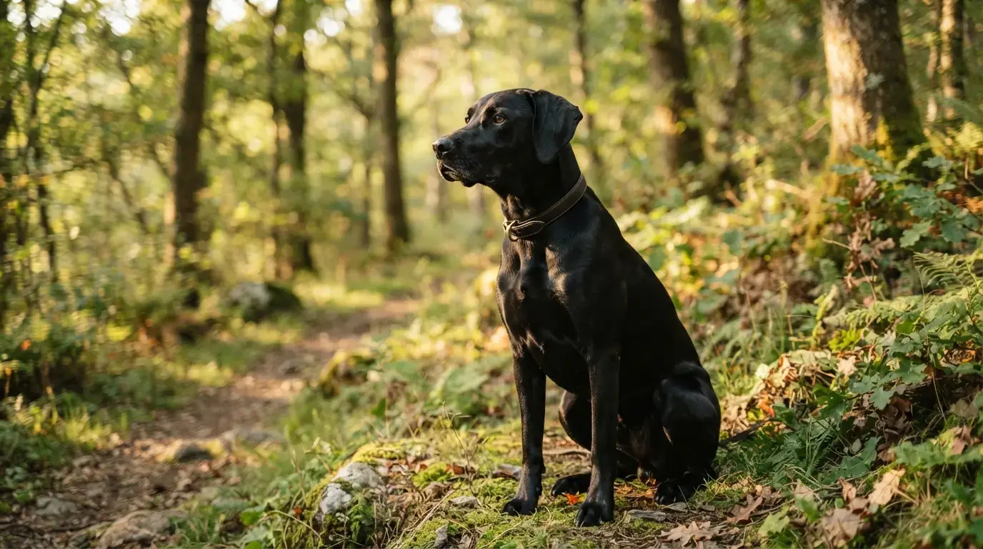 Chien de chasse noir élégant dans un décor naturel lumineux, regard attentif, ambiance chaleureuse, image réaliste et professionnelle de style éditorial.