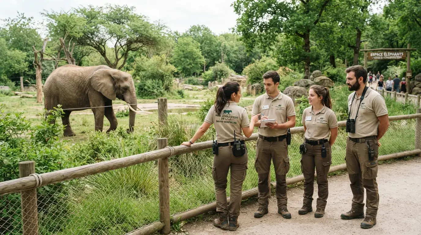 Groupe de soigneurs observant un grand mammifère dans un parc zoologique verdoyant, ambiance de conservation animale, scène réaliste et professionnelle