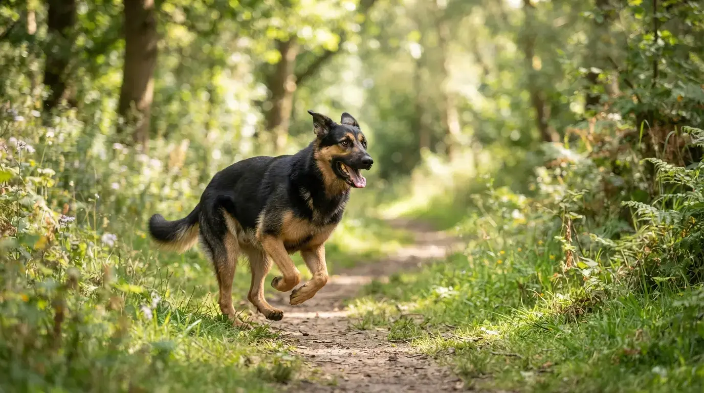 Chien croisé de type berger, pelage noir et fauve, regard vif, courant dans un parc naturel, ambiance réaliste et professionnelle.