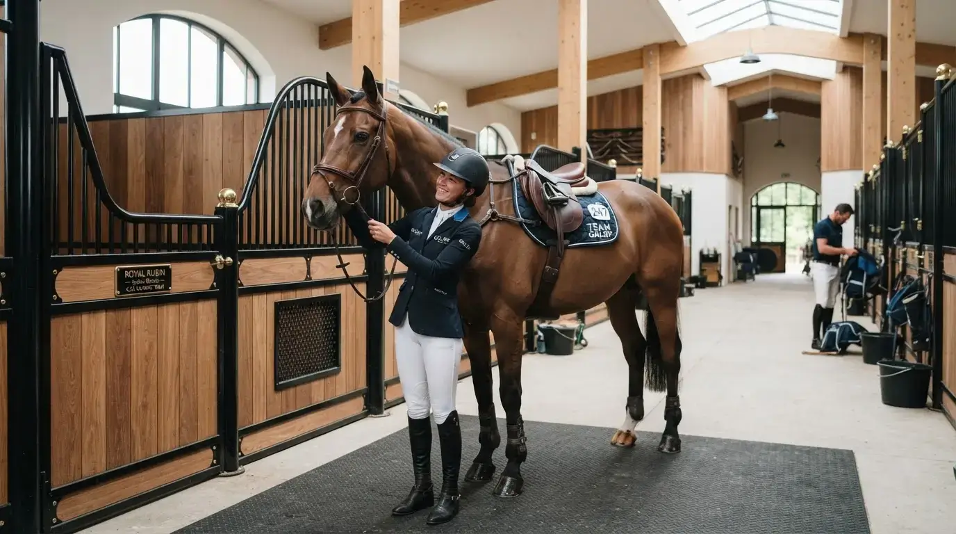 Cavalier de concours avec cheval de sport élégant dans une écurie moderne, ambiance professionnelle, santé, soin et performance.