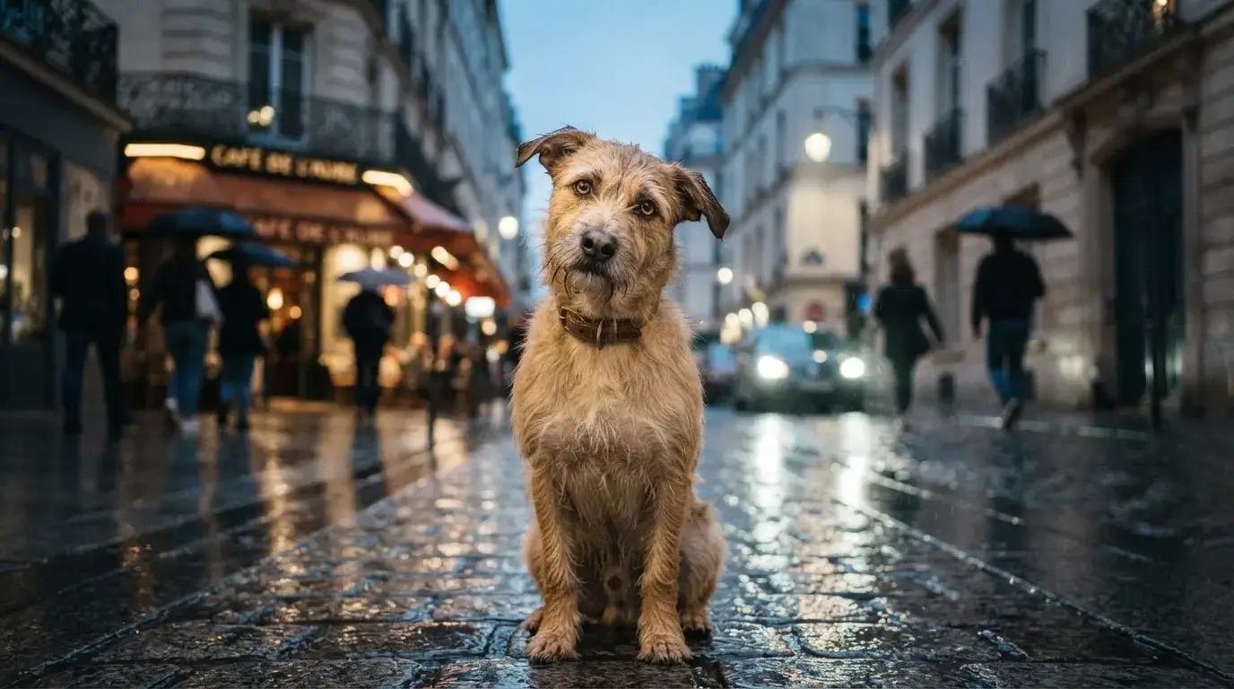 Chien expressif au centre d’une scène de film, regard curieux, ambiance mystérieuse, lumière cinématographique, décor urbain élégant, rendu réaliste.