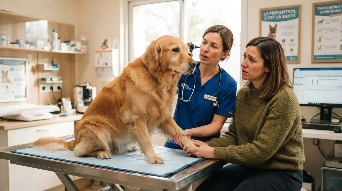 Golden retriever adulte assis chez le vétérinaire, regard attentif, propriétaire inquiet, ambiance lumineuse, image réaliste et professionnelle sur la prévention des maladies.