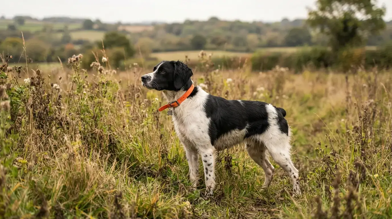 Black Brittany spaniel standing in a field with an attentive hunting posture