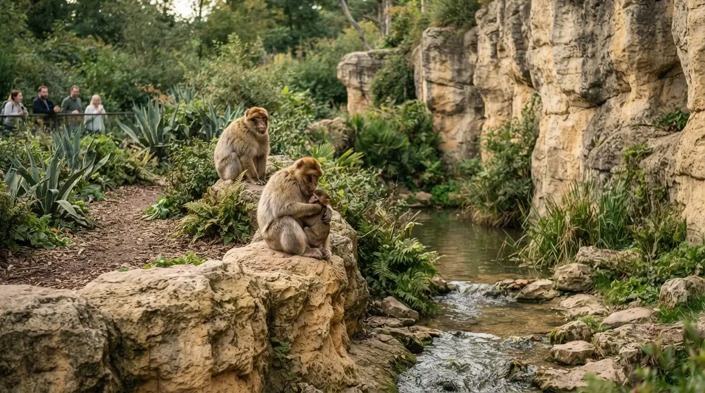Immersive zoo habitat carved in limestone with animals in a naturalistic setting