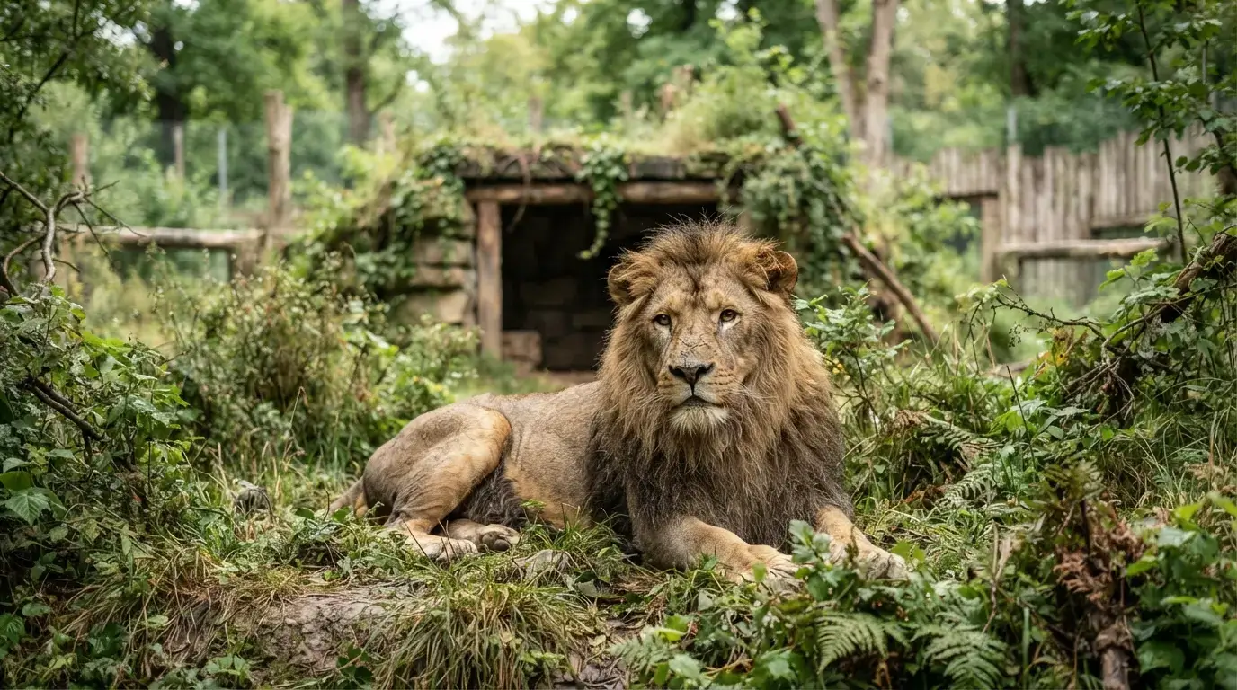 Close-up of a zoo animal in a naturalistic enclosure with vegetation and shelter