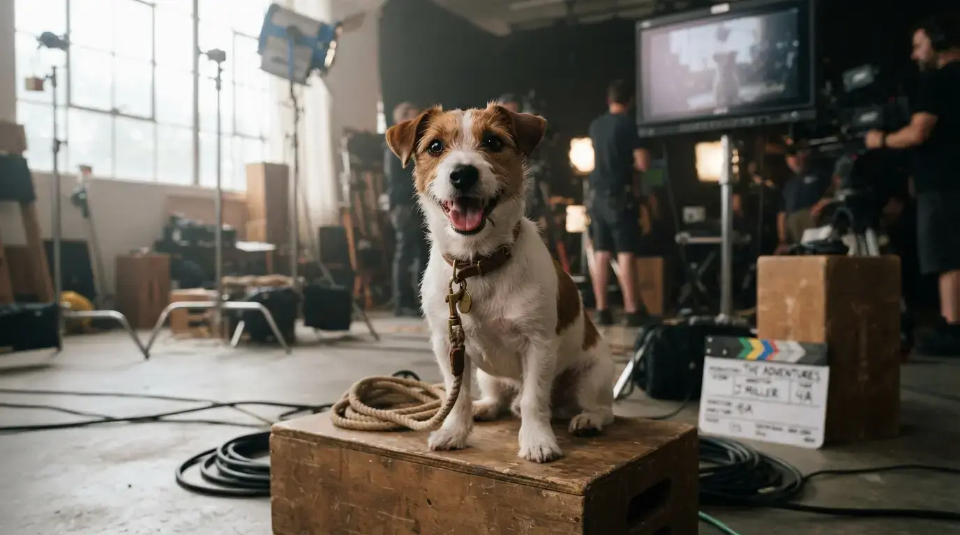 A Jack Russell Terrier on a movie set with a playful and expressive look