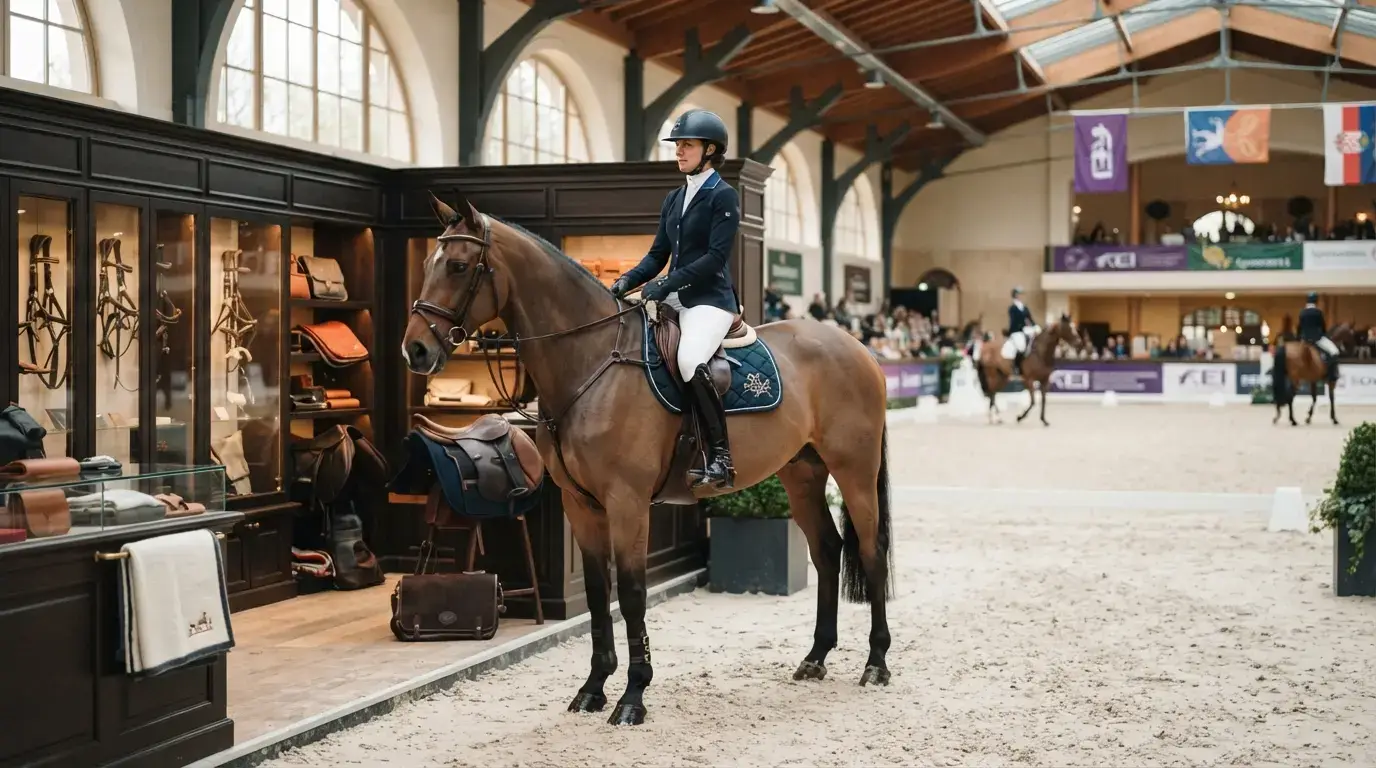 Sellerie équestre haut de gamme dans un manège élégant, cheval athlète et cavalier en tenue soignée, ambiance de compétition prestigieuse.