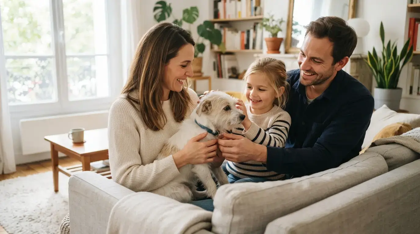 Jeune famille rassurante accueillant un petit chien blanc et beige dans un intérieur lumineux, ambiance calme, adoption d’urgence sans stress.