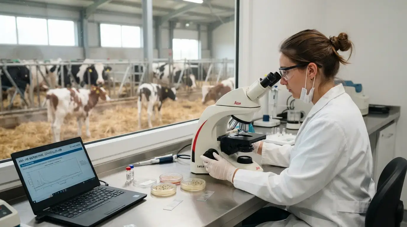 Ferme d’élevage moderne, animaux en bonne santé, chercheur observant des micro-organismes, ambiance scientifique professionnelle, lumière naturelle, composition dynamique et réaliste.