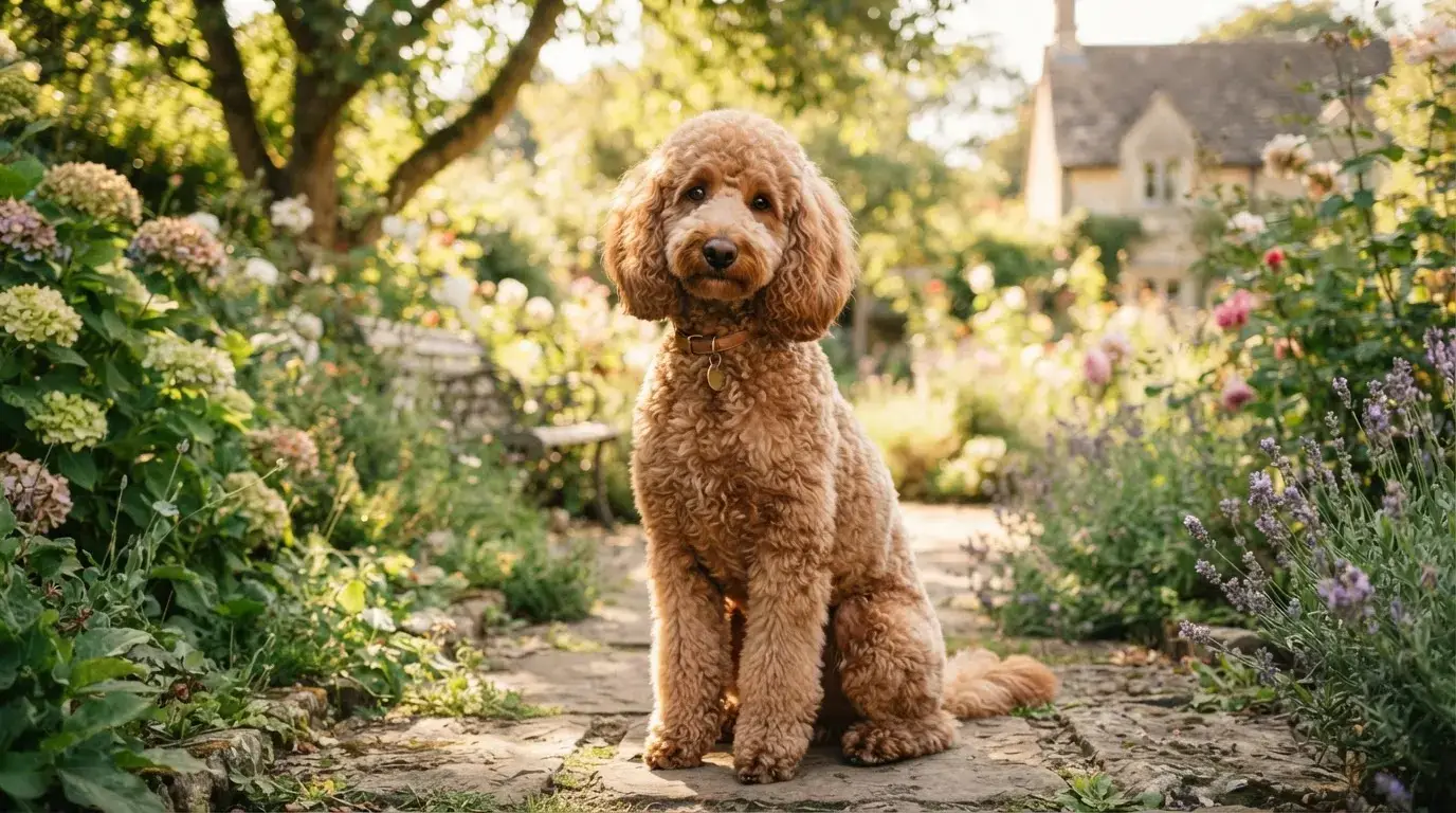 Caniche abricot élégant dans un jardin lumineux, pelage soigné, regard doux, ambiance chaleureuse, image réaliste et professionnelle.