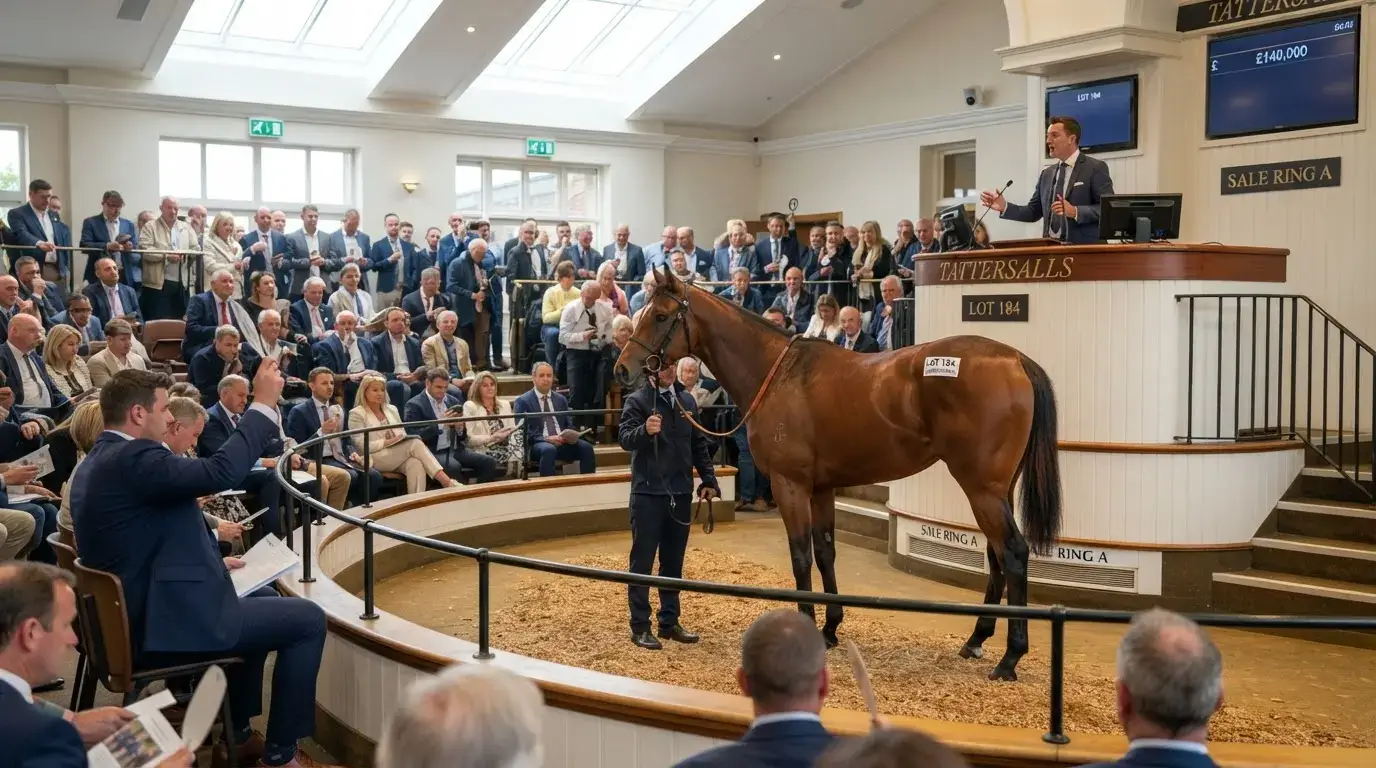 Salle d’enchères élégante avec chevaux de course de prestige, acheteurs en costume, ambiance internationale, lumière naturelle, image réaliste et professionnelle.