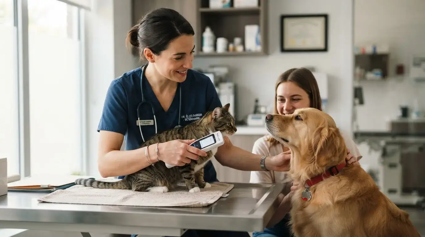 Photo réaliste d’un vétérinaire analysant l’identification d’un chien et d’un chat, avec ambiance professionnelle, moderne et rassurante.