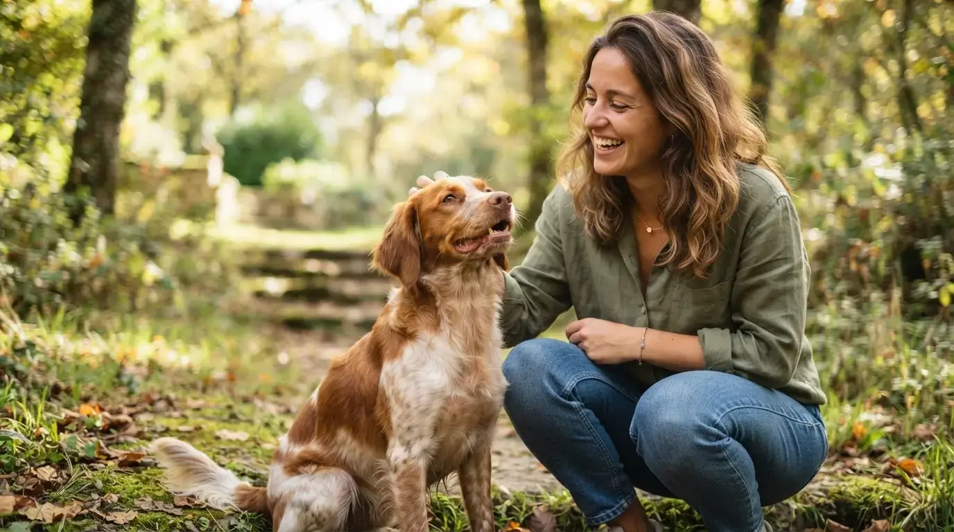 Un épagneul breton en premier plan avec un futur propriétaire souriant, ambiance lumineuse et naturelle, style photo réaliste et professionnel.