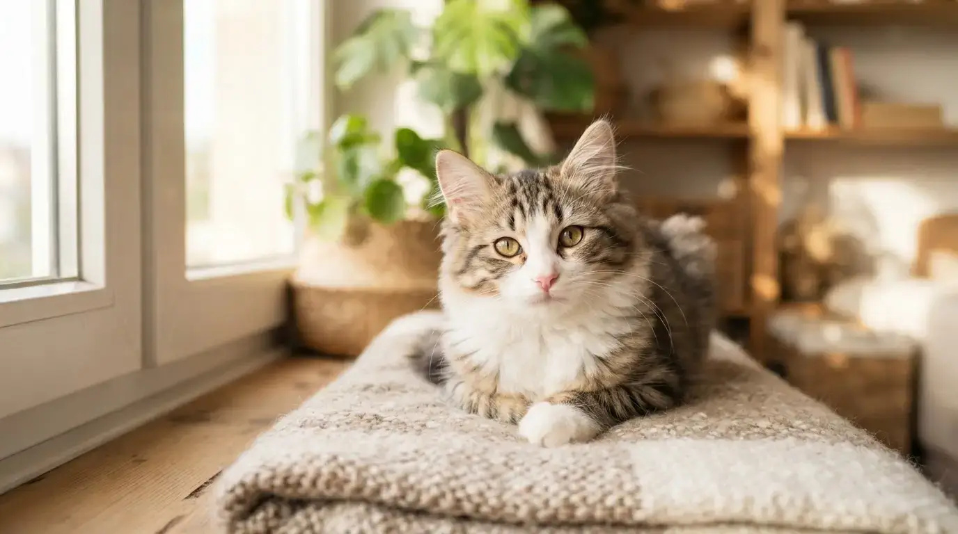 Jeune chat croisé, pelage mi-long et regard doux, posé dans un intérieur lumineux, ambiance chaleureuse, réaliste et professionnelle.