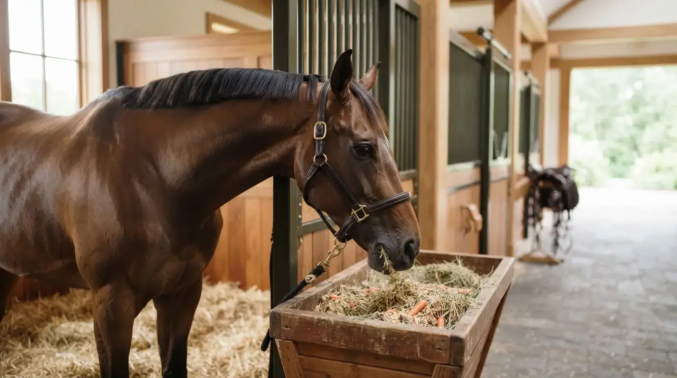 Cheval élégant dans une écurie lumineuse, mangeant une alimentation premium, ambiance professionnelle, naturelle et haut de gamme.