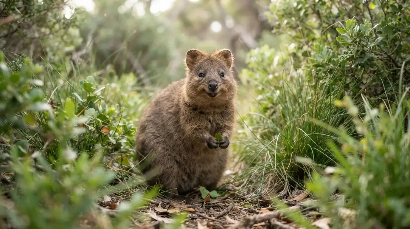 Un quokka souriant dans son habitat naturel, entouré d’herbes et de feuilles, lumière douce, image réaliste et professionnelle.