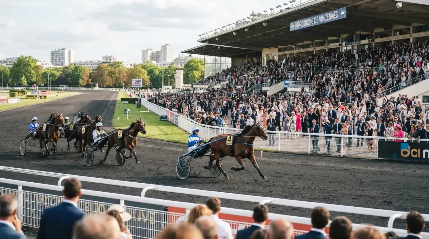 Vue spectaculaire d’un hippodrome prestigieux avec chevaux au trot, foule élégante, ambiance d’excellence sportive, lumière naturelle, style réaliste et professionnel.