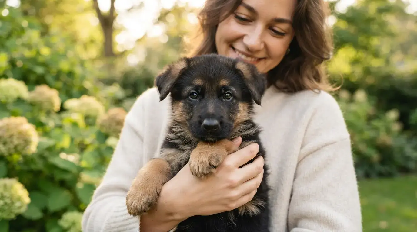 Jeune chiot berger allemand dans les bras d’une