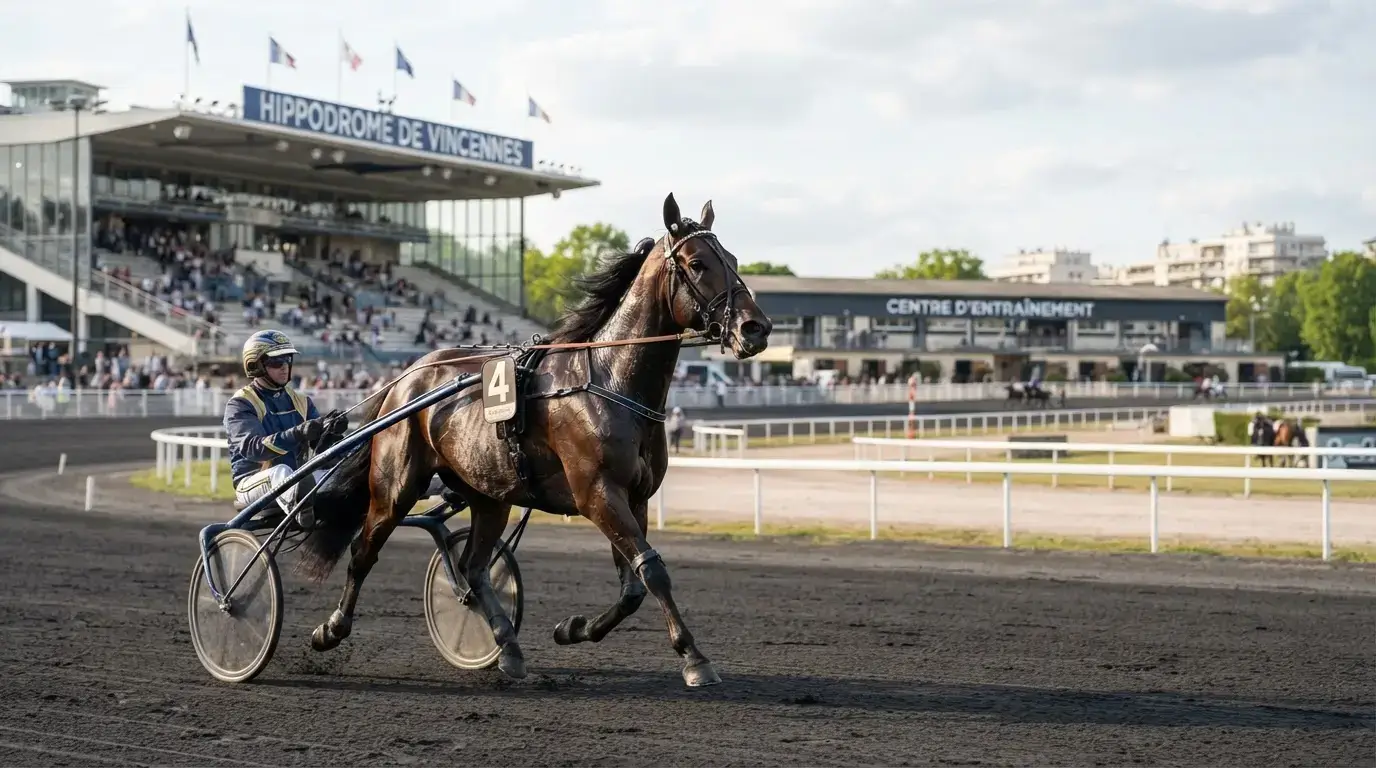 Élégant cheval de trot attelé au premier plan, regard fier, avec un hippodrome prestigieux et une institution équestre en arrière-plan.