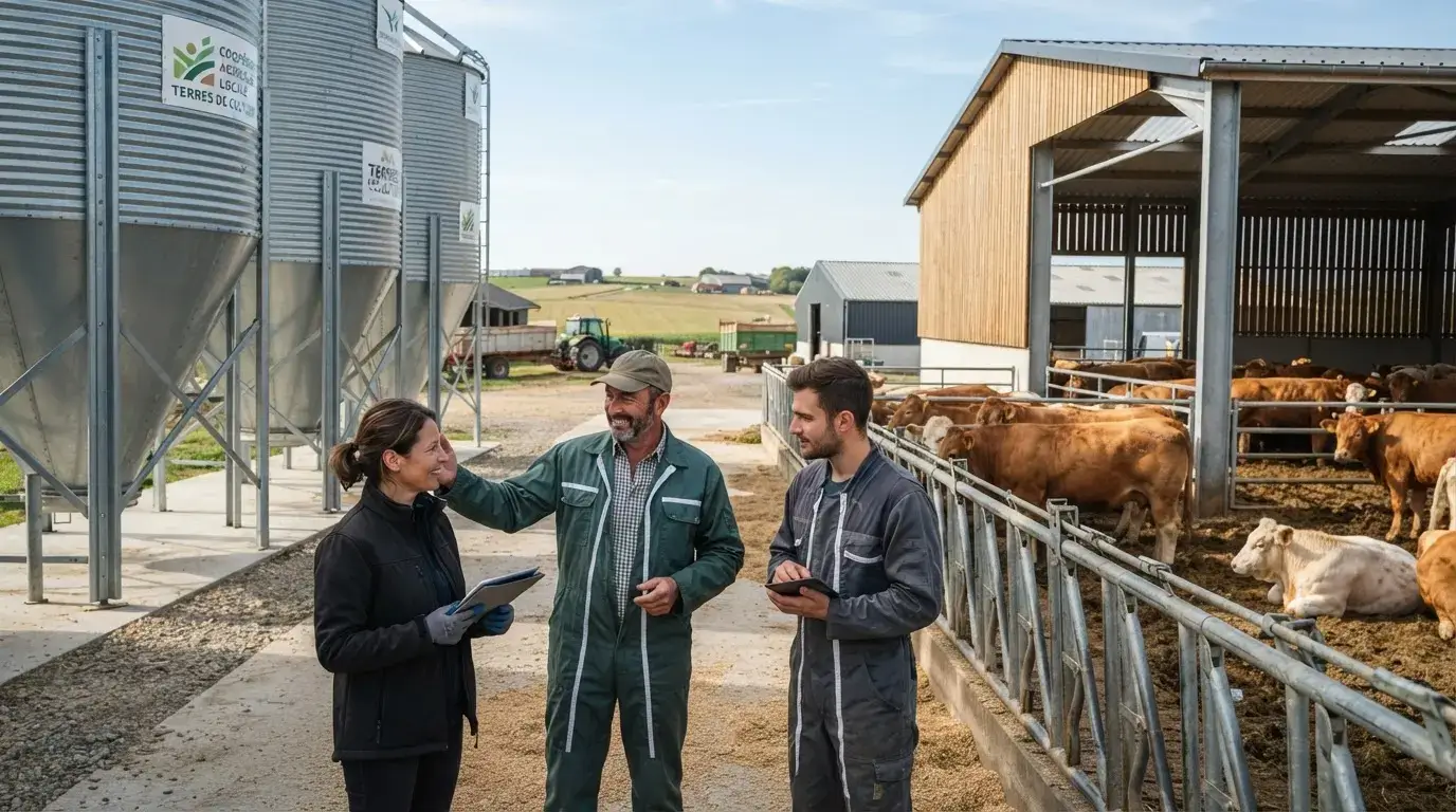 Grandes silos et éleveurs en coopérative agricole locale, avec bovins dans une ferme moderne, ambiance professionnelle et dynamique.