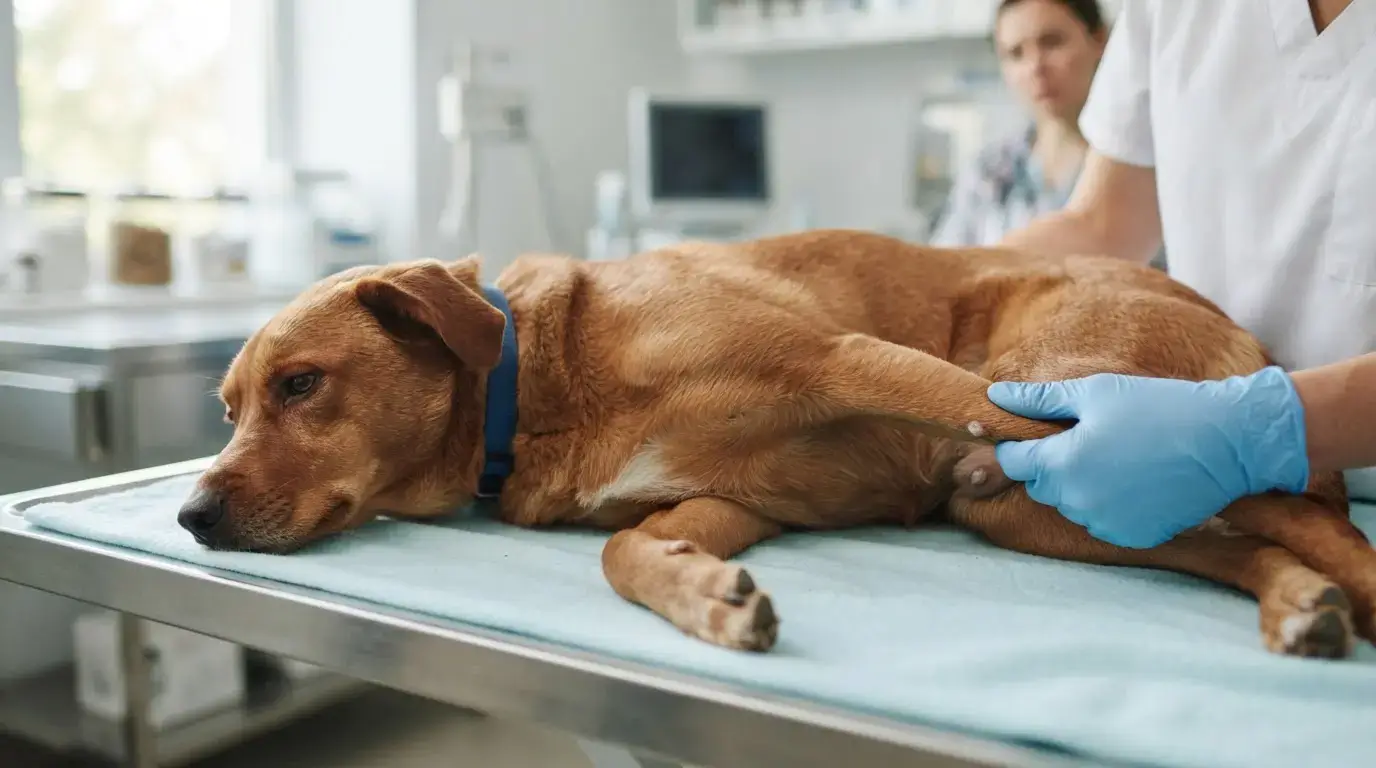 Chien allongé chez le vétérinaire, gros plan discret sur la zone génitale avec petite lésion blanche visible, ambiance rassurante et médicale.