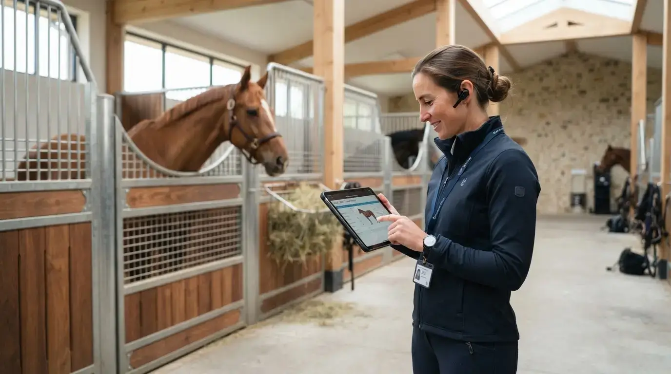 Professionnel du monde équestre consultant une tablette dans une écurie moderne, avec cheval calme en arrière-plan, ambiance digitale et professionnelle.