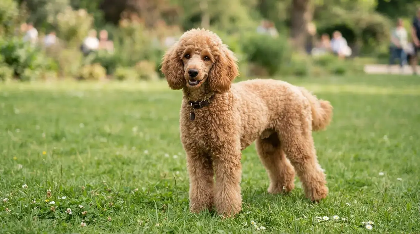 Apricot poodle with curly coat standing on grass