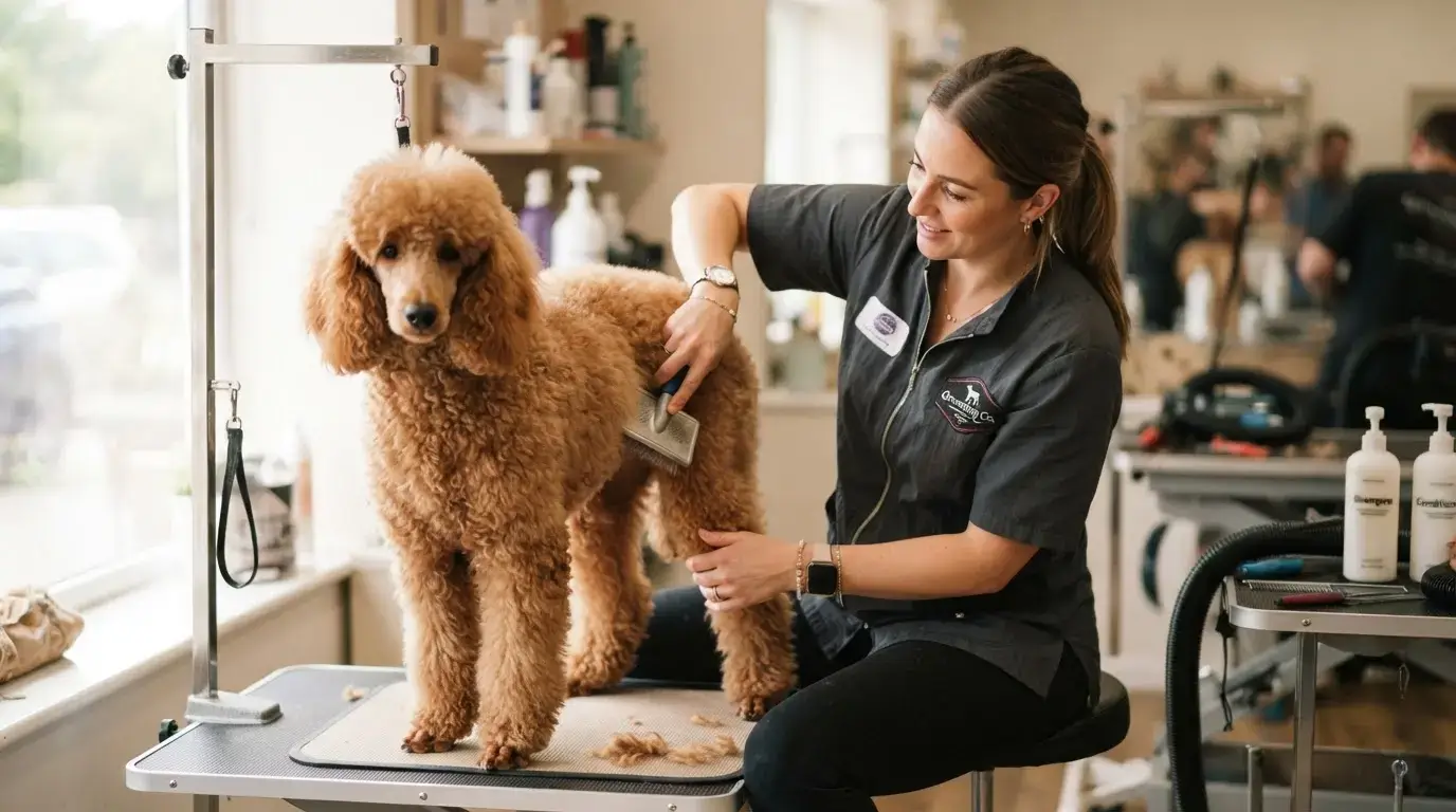 Dog groomer brushing an apricot poodle coat