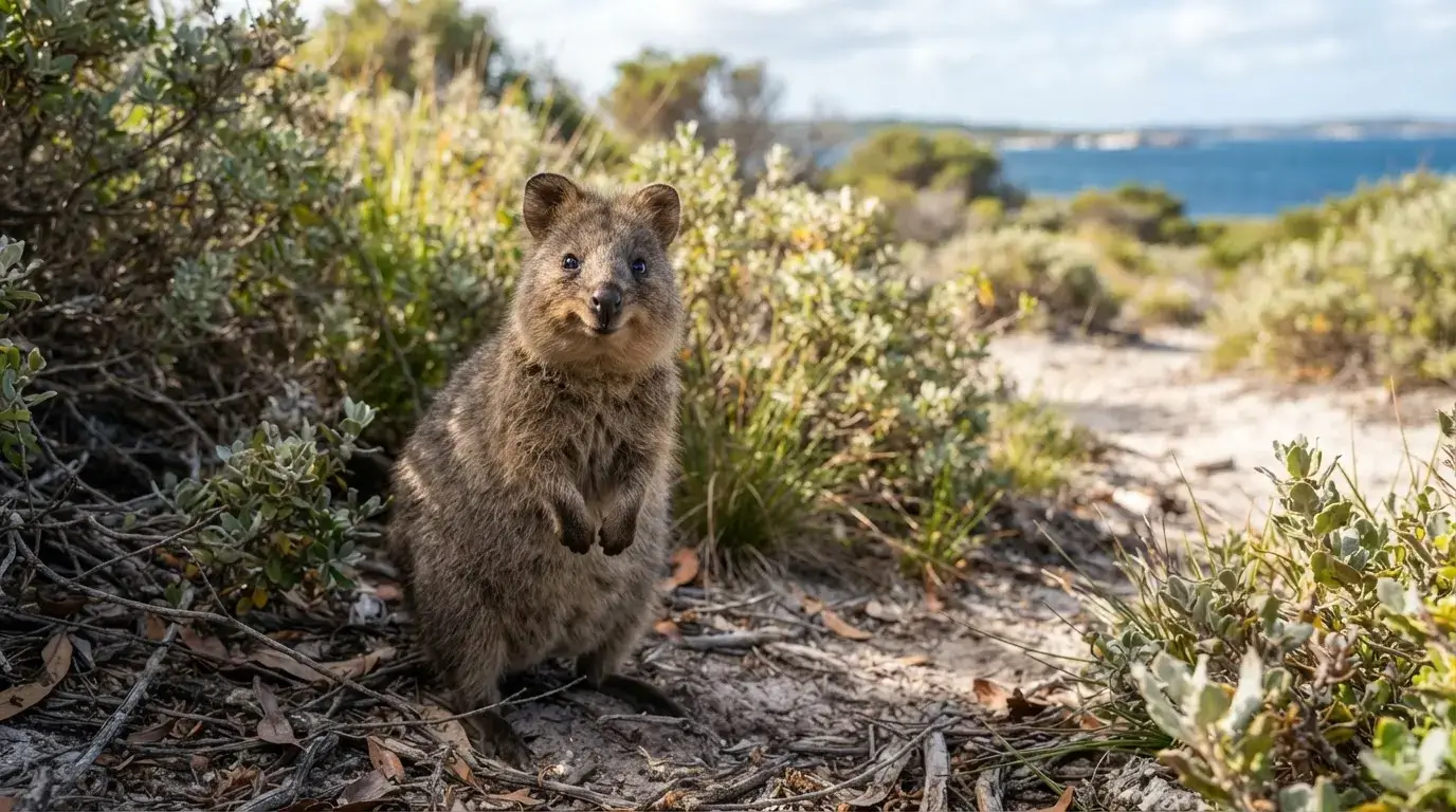 A quokka standing in coastal scrub on Rottnest Island