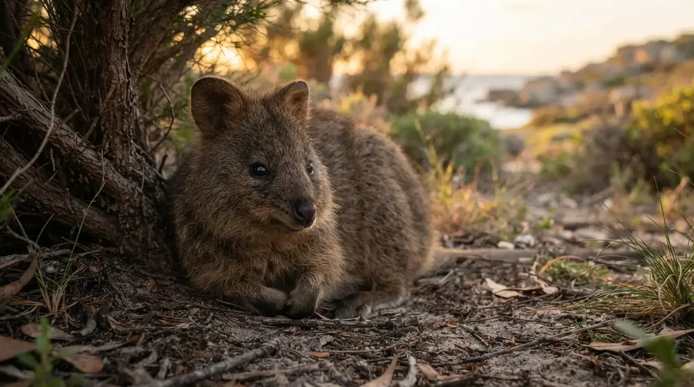 Quokka resting in the shade at dusk on a Western Australian island