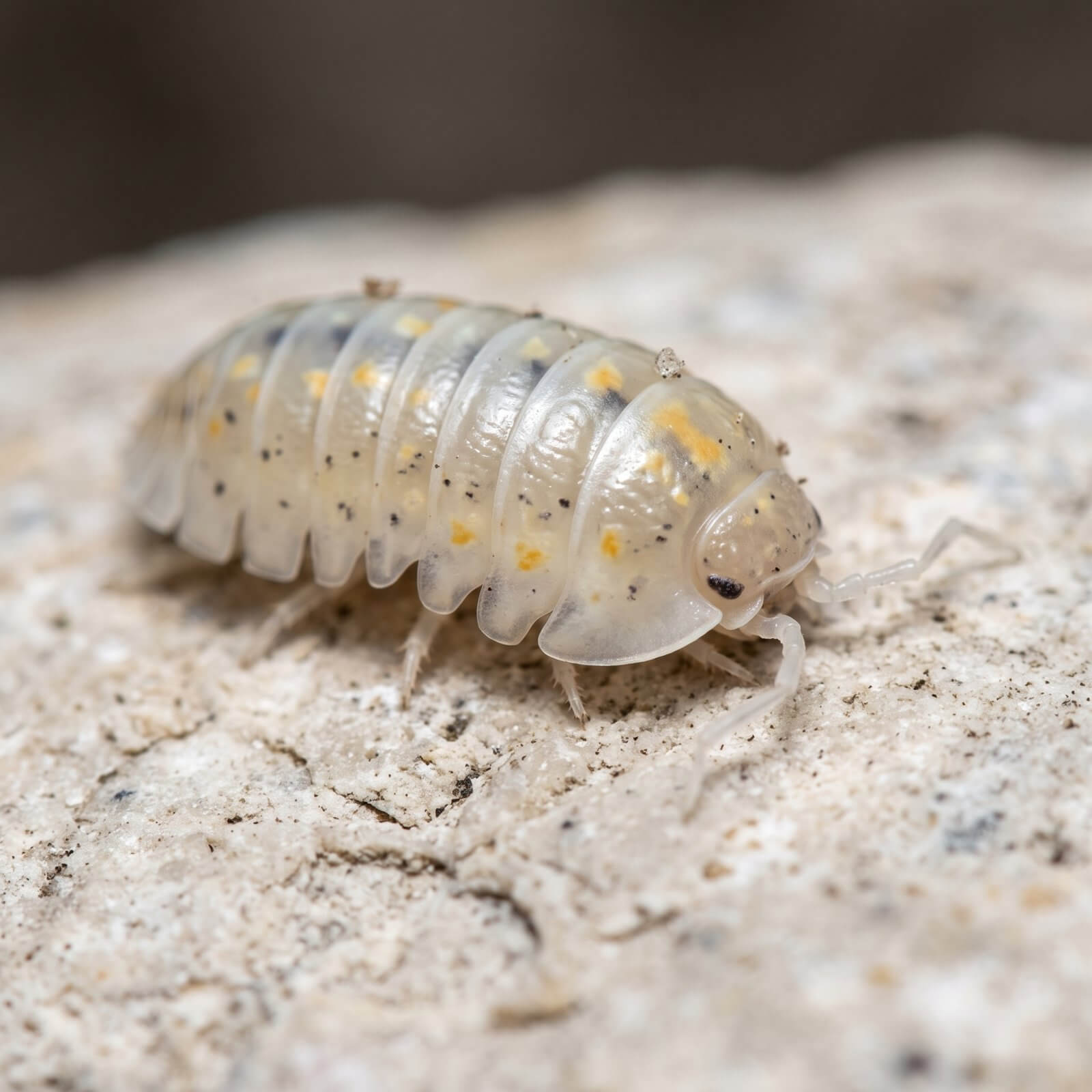 Cloporte boule Armadillidium vulgare « Magic Potion », clair et tacheté de jaune, sur une pierre