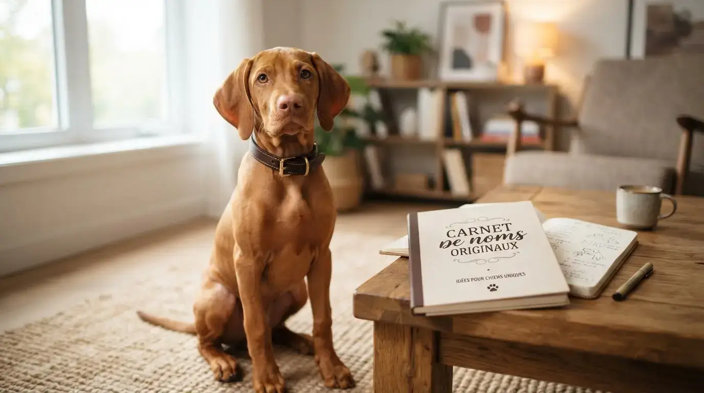 Jeune chien mâle élégant assis dans un intérieur lumineux, avec carnet de noms originaux, ambiance chaleureuse et professionnelle.