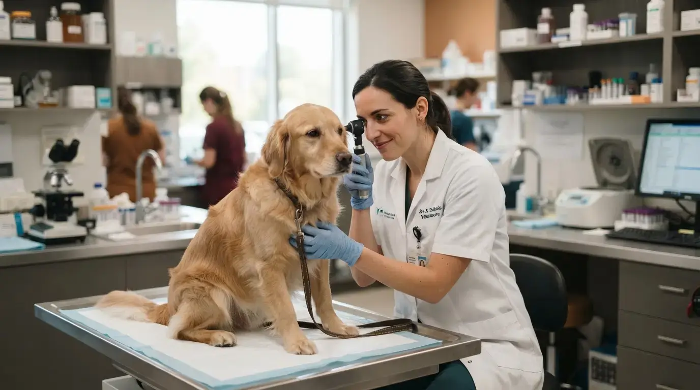 Vétérinaire en blouse examinant un animal domestique avec un regard attentif, laboratoire moderne en arrière-plan, ambiance scientifique et rassurante.