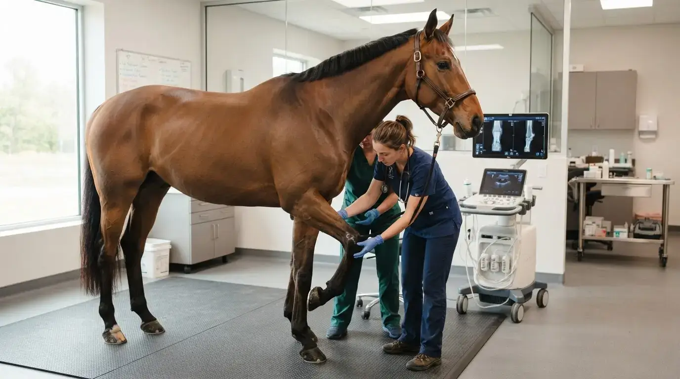 Cheval de sport soigné dans une clinique vétérinaire moderne, mise en valeur des articulations, ambiance professionnelle et rassurante.