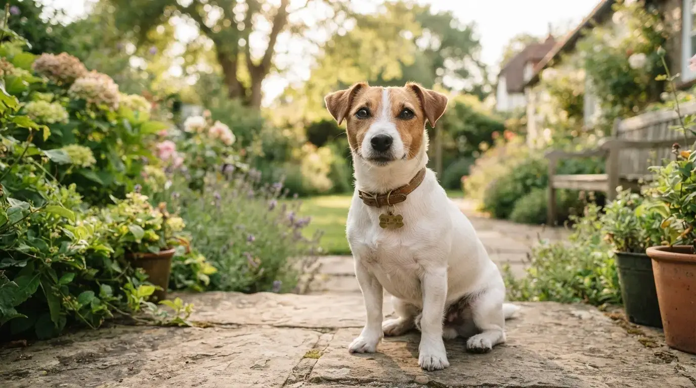 Jack Russell adulte en bonne santé dans un jardin lumineux, regard vif, ambiance chaleureuse et professionnelle, évoquant longévité et conseils.
