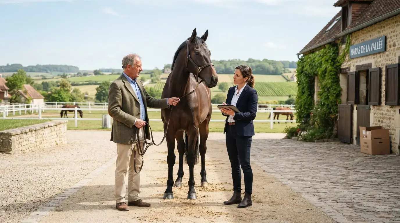 Éleveur et responsable inspectant un cheval de sport dans un haras élégant, paysage français, ambiance professionnelle, réaliste et lumineuse.