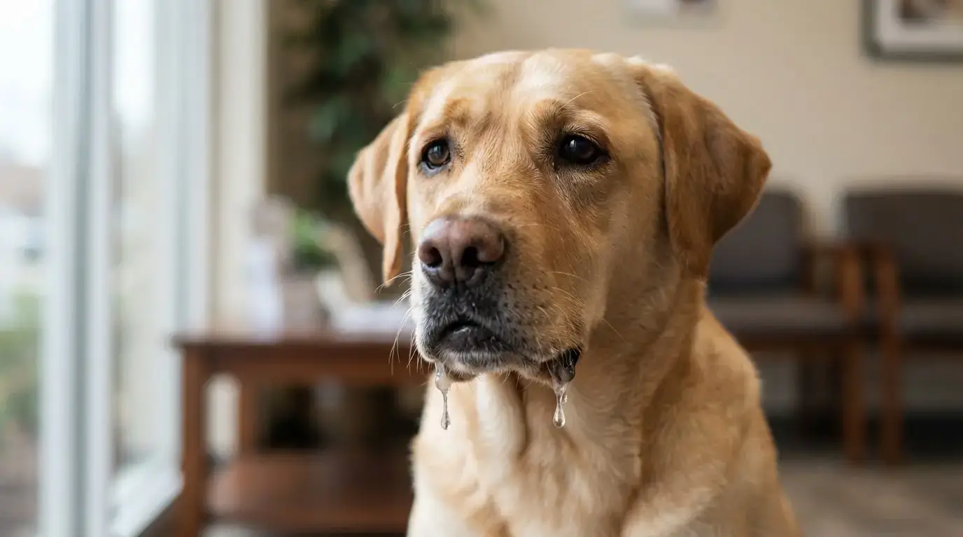 Chien réaliste en gros plan, bavant goutte à goutte, expression inquiète, fond sobre, ambiance professionnelle, lumière naturelle.
