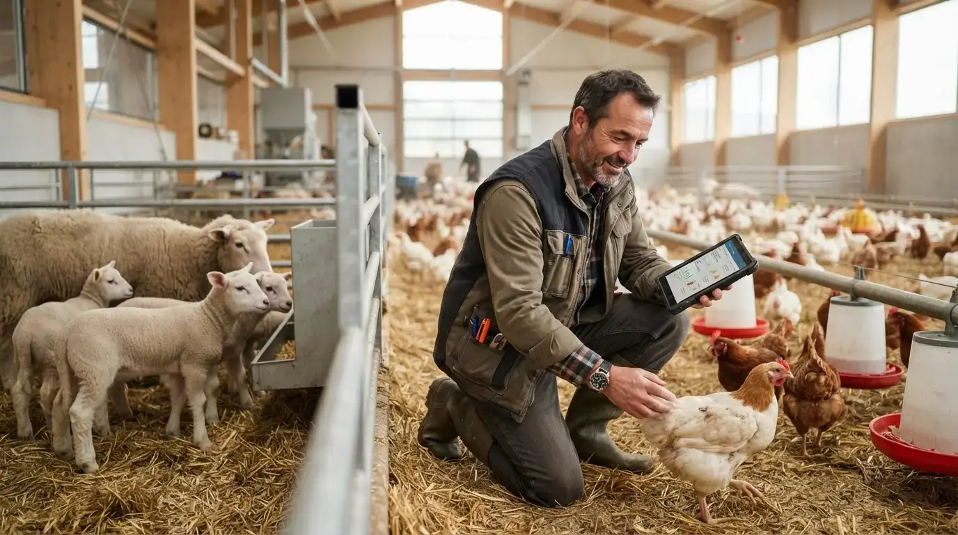 Éleveur inspectant des volailles et des animaux de ferme dans un élevage moderne, ambiance professionnelle, innovation et sélection responsable.