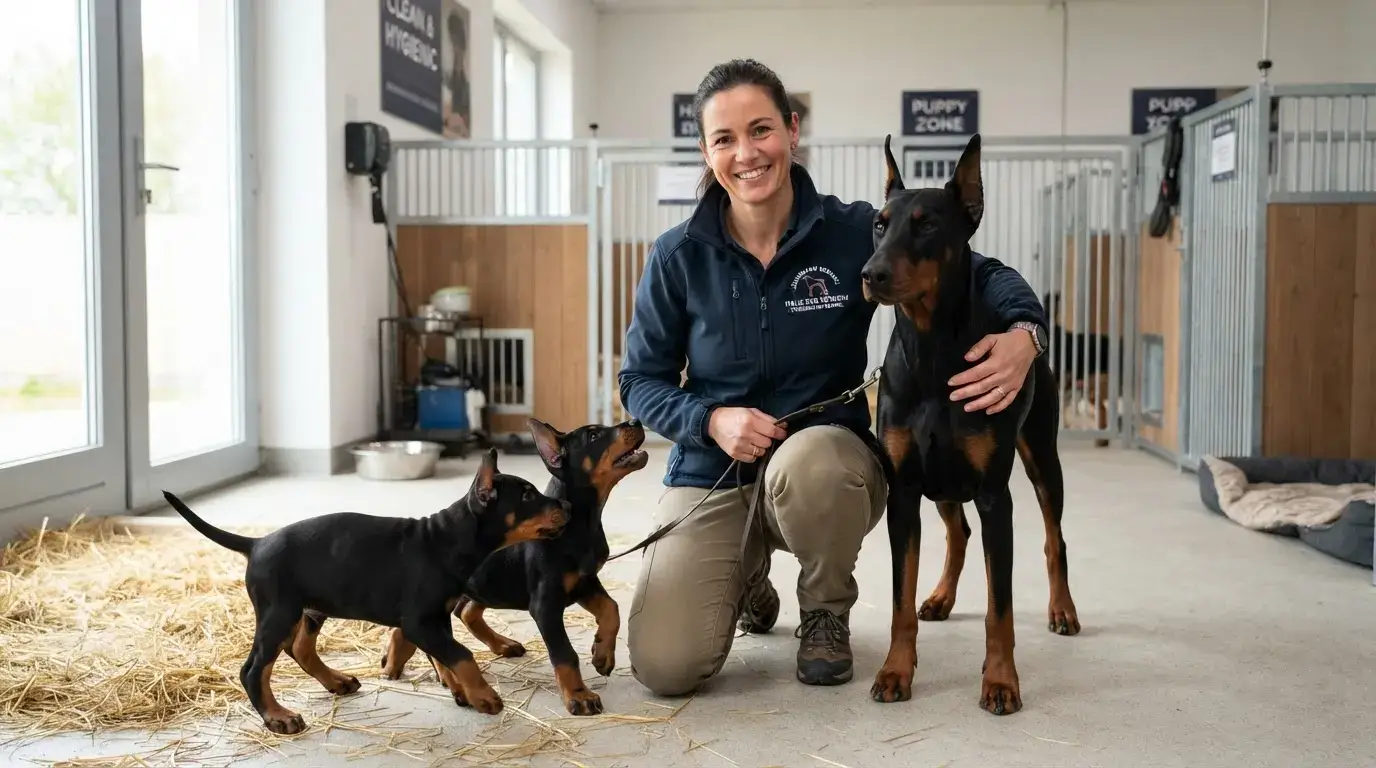 Éleveur canin dans un chenil propre, présentant un dobermann adulte et deux chiots, ambiance professionnelle, lumière naturelle.