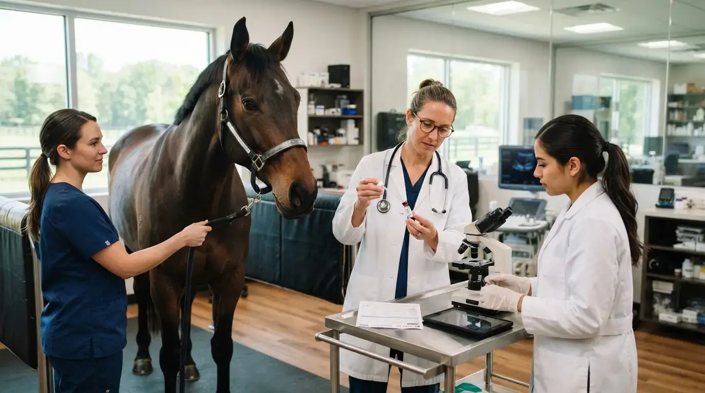 Cheval de race dans un cadre vétérinaire moderne, chercheurs en blouse examinant un échantillon, ambiance professionnelle, réaliste et lumineuse.