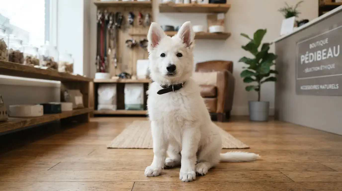 Chiot berger blanc suisse assis dans un intérieur lumineux, regard attentif, ambiance professionnelle, accessoires de vente discrets, style réaliste.