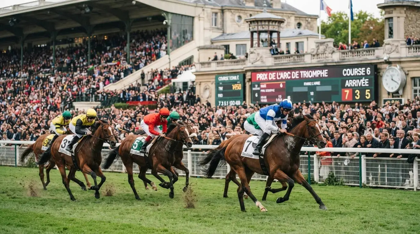 Vue réaliste d’un hippodrome animé, chevaux lancés au galop, ambiance émotionnelle, écrans de contrôle discrets et technologie historique en arrière-plan.