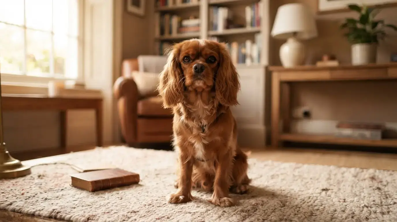 Portrait réaliste d’un petit chien de compagnie au pelage roux, assis élégamment dans un intérieur lumineux, ambiance chaleureuse et professionnelle.