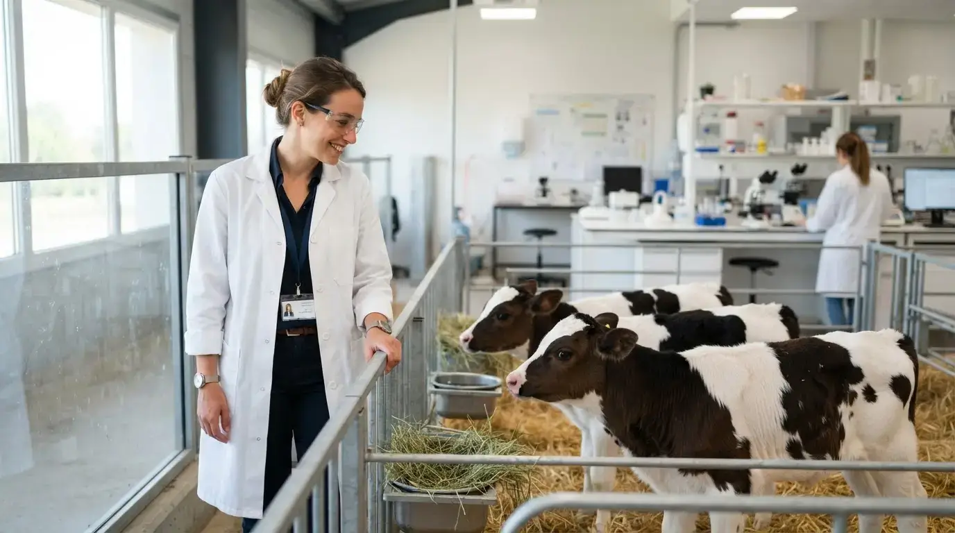 Scientifique en blouse observant un élevage moderne, laboratoire lumineux en arrière-plan, ambiance professionnelle, animaux de ferme, innovation en reproduction animale.