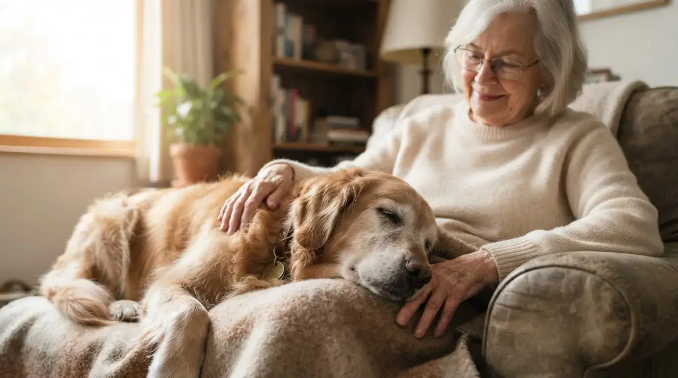Chien âgé paisiblement couché auprès de son propriétaire, ambiance douce et empathique, lumière naturelle, décor sobre, illustration réaliste professionnelle.
