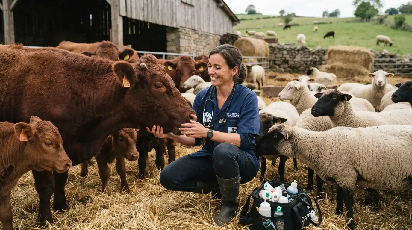 Vétérinaire en ferme, entouré de bovins et de moutons, symbole de confiance, expertise historique et santé animale en milieu rural.