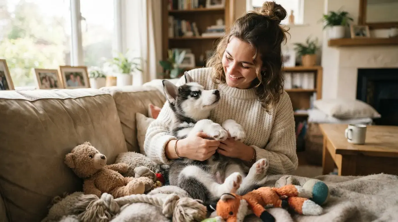 Un chiot husky de deux mois dans un intérieur chaleureux, entouré de jouets doux et d’un propriétaire rassurant.