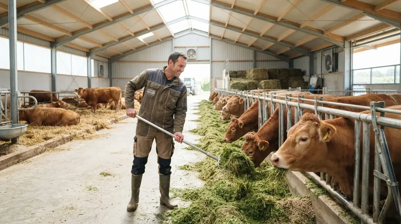 Éleveur en tenue professionnelle nourrissant des bovins en étable moderne, lumière naturelle, ambiance saine, innovation, bien-être animal, qualité alimentaire.