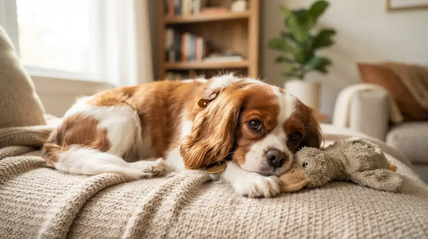 Cavalier King Charles Spaniel resting at home with a toy